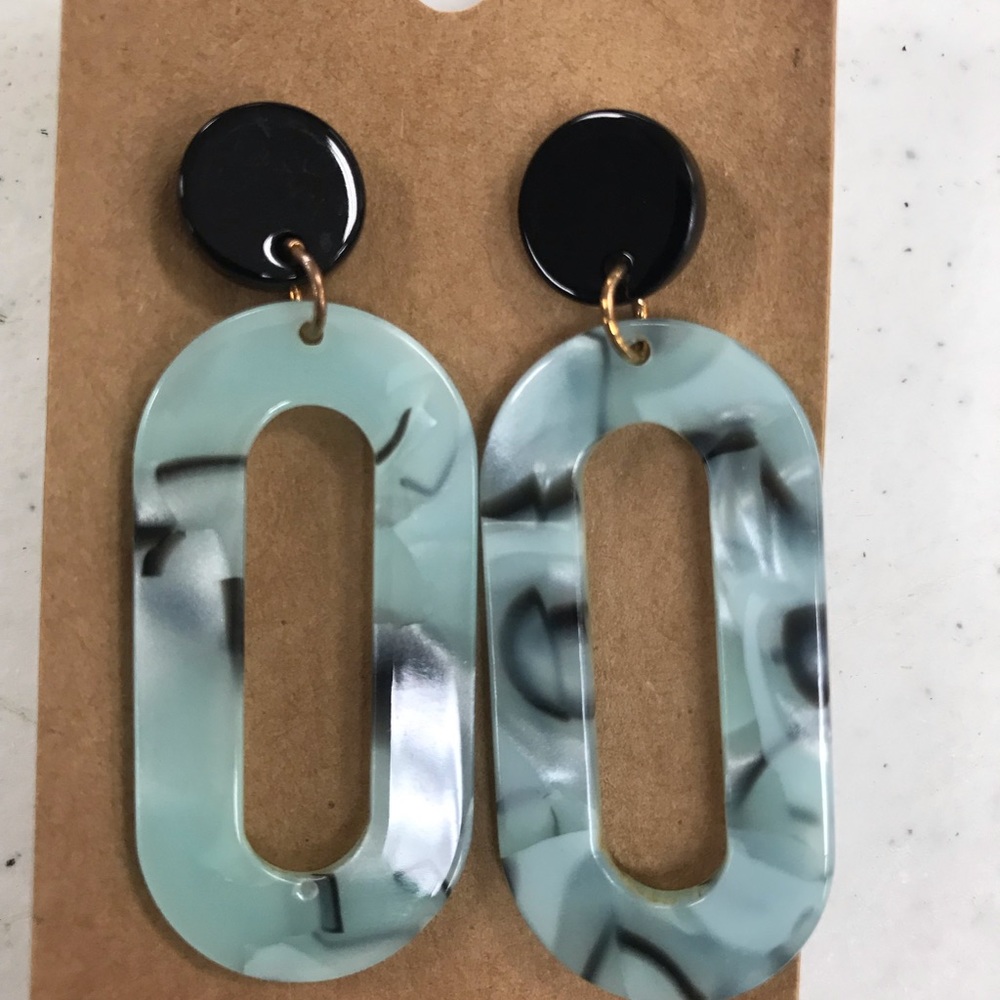 ACRYLIC DANGLE EARRINGS TEAL GREEN AND BLACK POST BACK